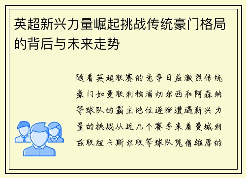 英超新兴力量崛起挑战传统豪门格局的背后与未来走势